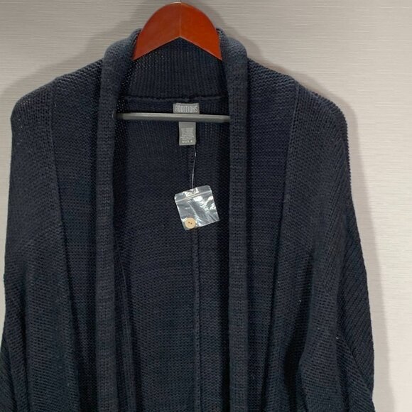 Chicos Sweater Womens Large Black Cotton Angora Open Cardigan Roll Tab Sleeve - Picture 2 of 7